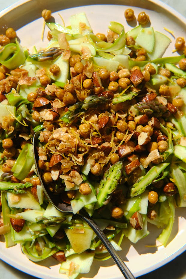 Asparagus Ribbon Salad with Crispy Chickpeas and Hot Honey